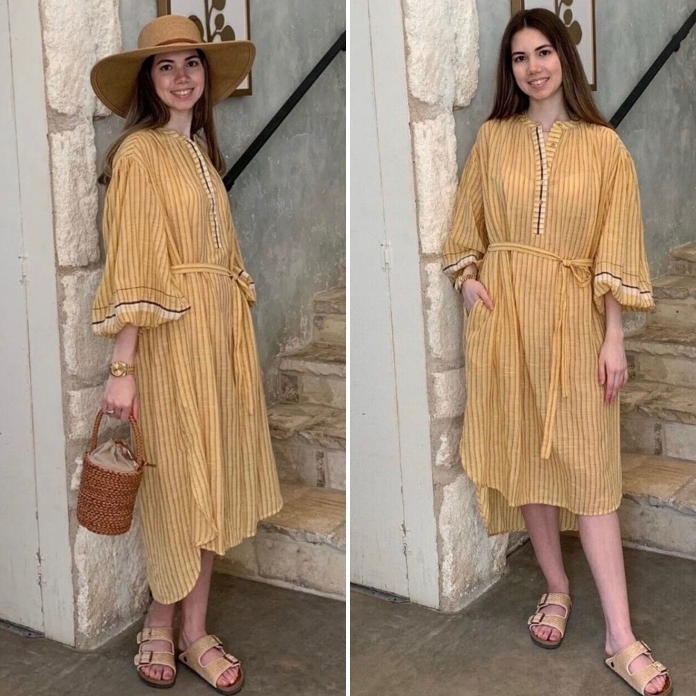 ULLA JOHNSON RABEA WHEAT STRIPED BELTED RELXED DRESS SIZE 2 - Picture 16 of 16